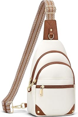 Women's White Sling Backpack Purse with Brown Trim and Adjustable Strap
