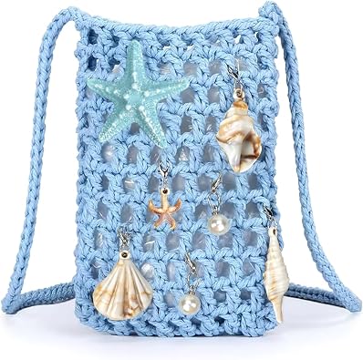 Women's Blue Crochet Crossbody Phone Bag with Seashell and Starfish Charms