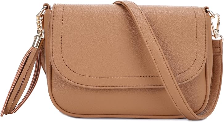 Women's Tan Crossbody Shoulder Bag with Flap Closure and Tassel Detail