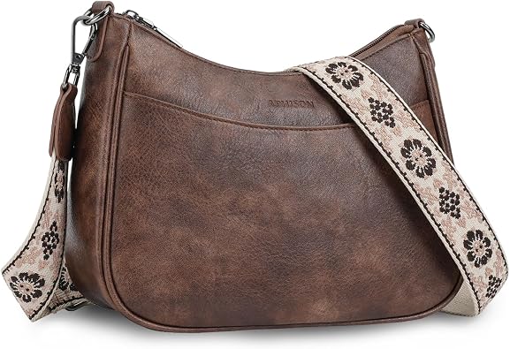 Women's Brown Crossbody Bag with Floral Wide Strap